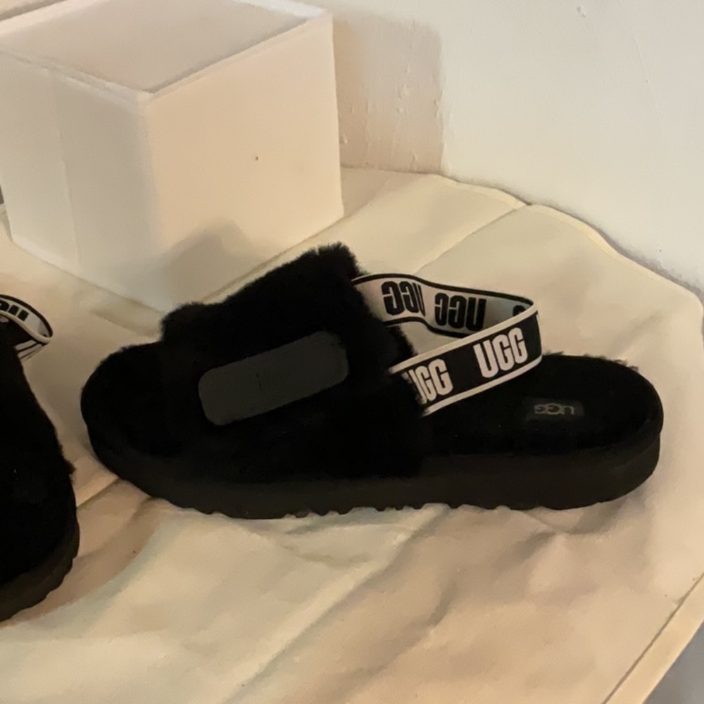 UGG Fluff Yeah Genuine Shearling Slingback Sandals, Size 6, Black - Picture 4 of 7